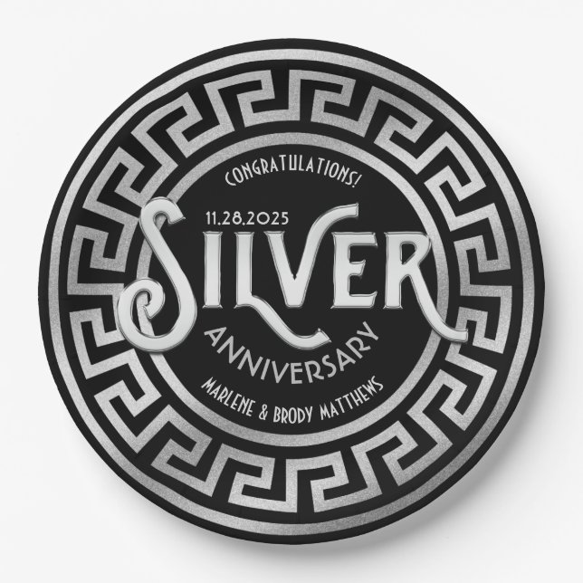 Silver Wedding Anniversary Art Deco 25th Glitter Paper Plates (Front)