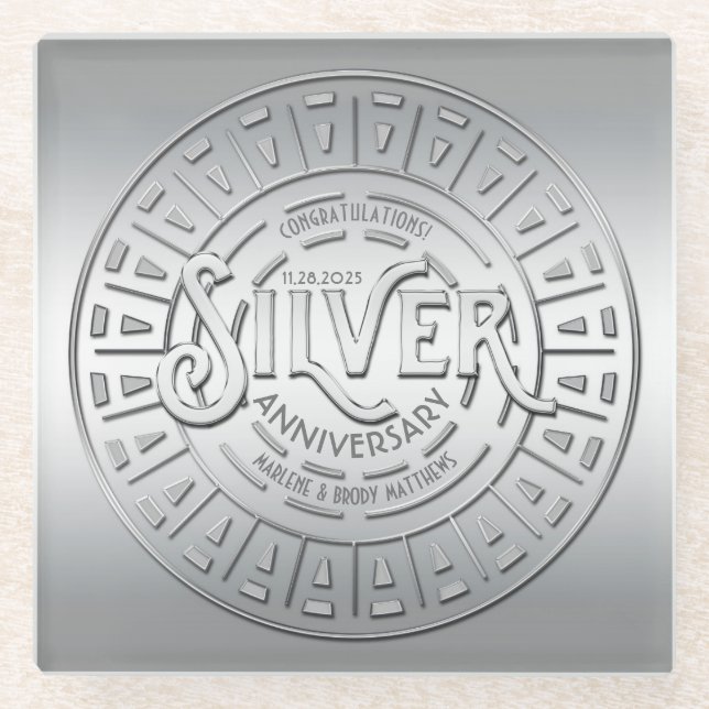 Silver Wedding Anniversary Art Deco Great Gatsby Glass Coaster (Front)