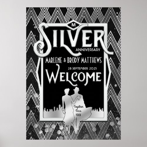 Silver Wedding Anniversary Art Deco Party Welcome Poster