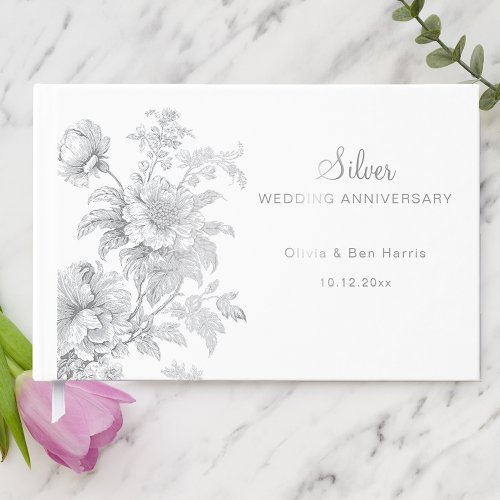 Silver Wedding Anniversary Engraved Floral Foil Guest Book