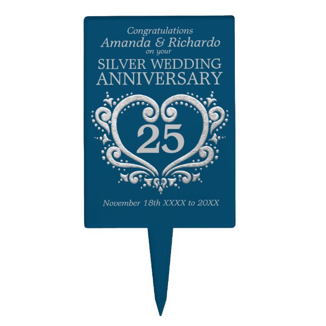 Silver wedding anniversary heart 25 years blue cake topper (Front)