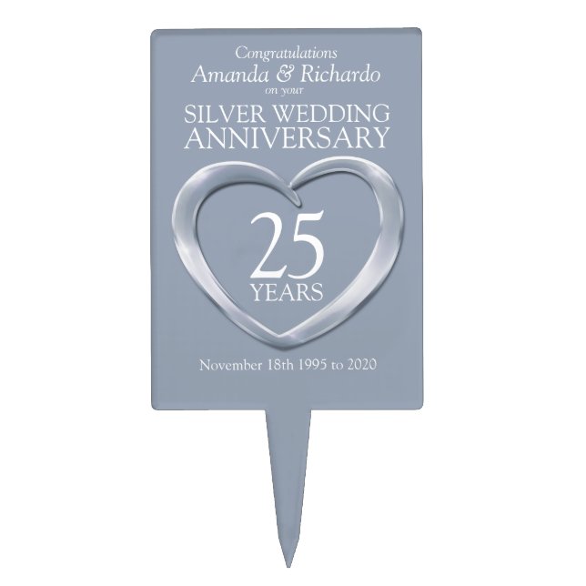 Silver wedding anniversary heart 25 years cake topper (Front)