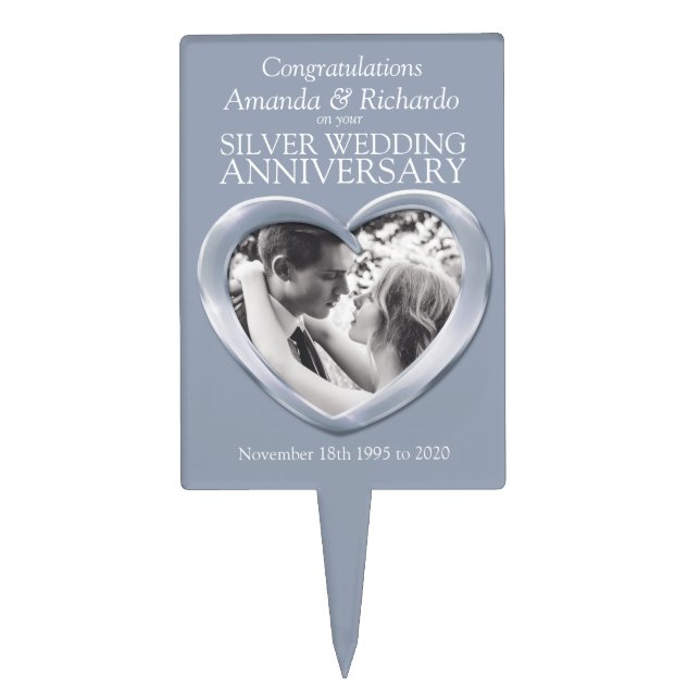 Silver wedding anniversary heart 25 years photo cake topper (Front)