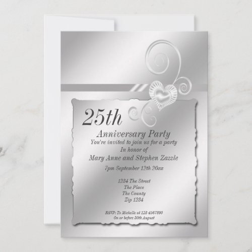 Silver Wedding Anniversary Heart Personalized Invites