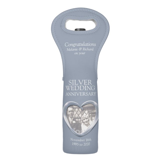 Silver wedding anniversary heart photo wine bag (Front)