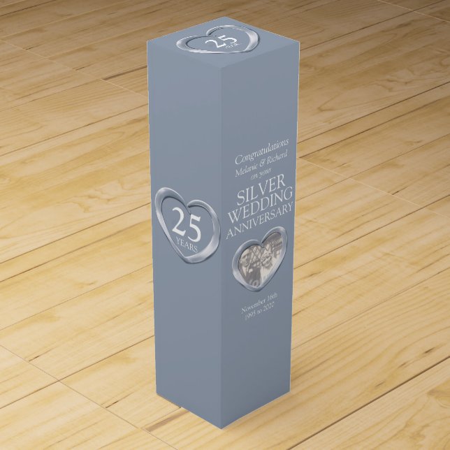 Silver wedding anniversary heart photo wine box (Front)