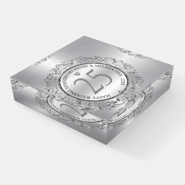 Silver Wedding Anniversary  Paperweight (Angled)