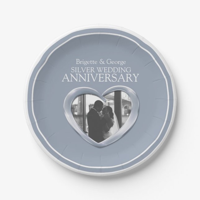 Silver Wedding Anniversary photo heart paper plate (Front)
