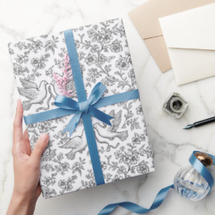 Silver Wedding Doves with Ribbons and Flowers Wrapping Paper