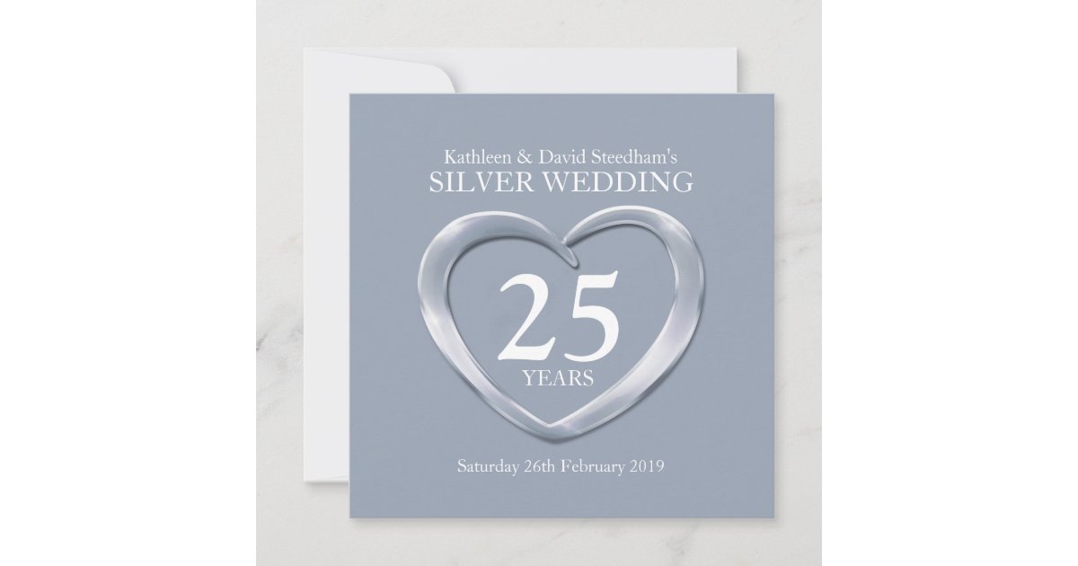 Silver wedding heart 25 years anniversary invite | Zazzle