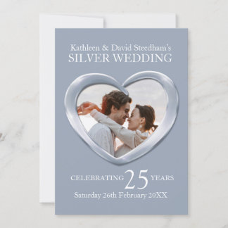 Silver wedding heart photo 25 years party invite