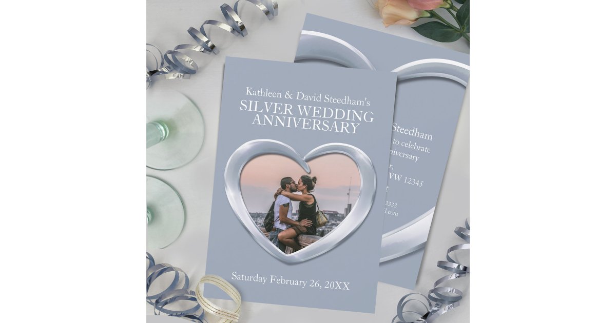 Silver wedding heart photo 25th anniversary invite | Zazzle
