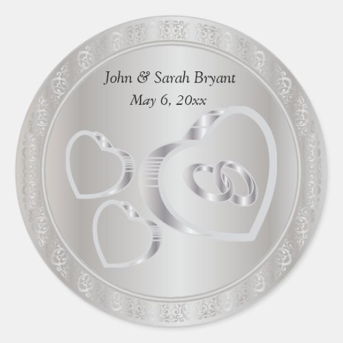 Silver Wedding Hearts and Rings Classic Round Sticker