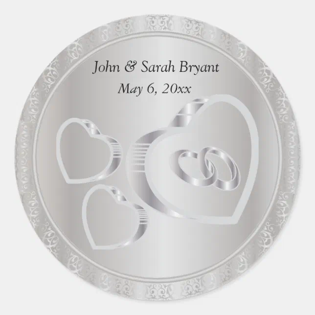 Silver Wedding Hearts and Rings Classic Round Sticker | Zazzle