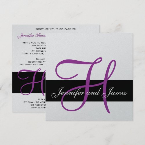 Silver Wedding Invitation Monogram H Names Purple