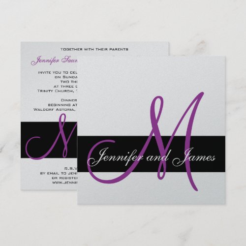 Silver Wedding Invitation Monogram Names Purple
