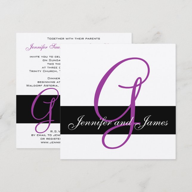 Silver Wedding Invitation Monogram Names Purple (Front/Back)