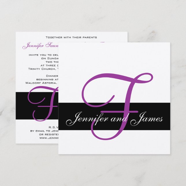 Silver Wedding Invitation Monogram Names Purple (Front/Back)