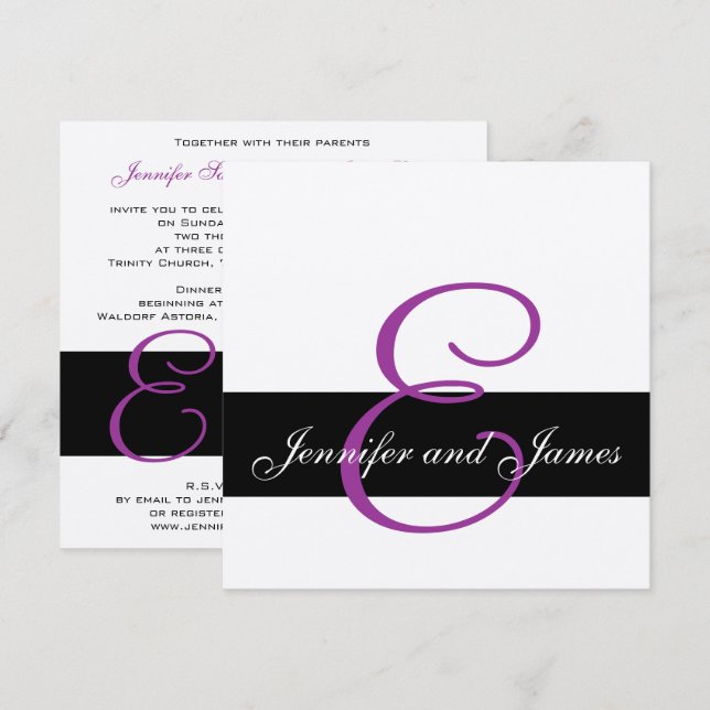 Silver Wedding Invitation Monogram Names Purple (Front/Back)