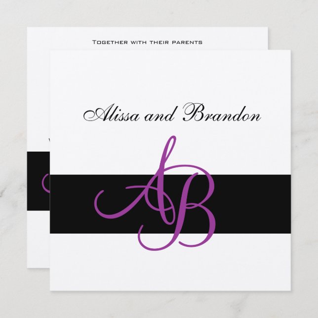 Silver Wedding Invitation Monograms Names Purple (Front/Back)