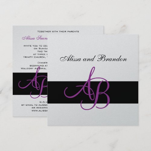 Silver Wedding Invitation Monograms Names Purple