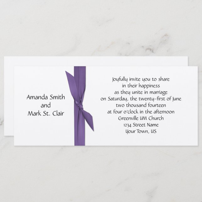 Silver Wedding Invitation with Purple Ribbon (Front/Back)