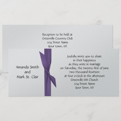 Silver Wedding Invitation with Purple Ribbon