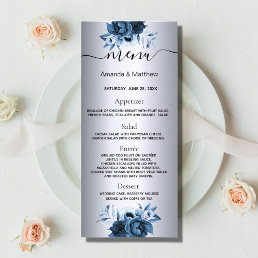 Silver wedding menu blue florals elegant modern