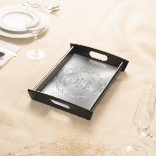 Silver Wedding Metallic Background Floral Mandala Serving Tray