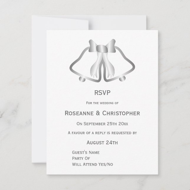 Silver Wedding RSVP Card Bells And Ribbon (Front)