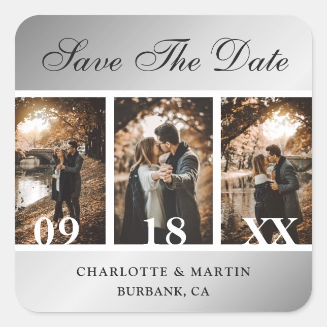 Silver Wedding Save The Date Photo Stickers (Front)