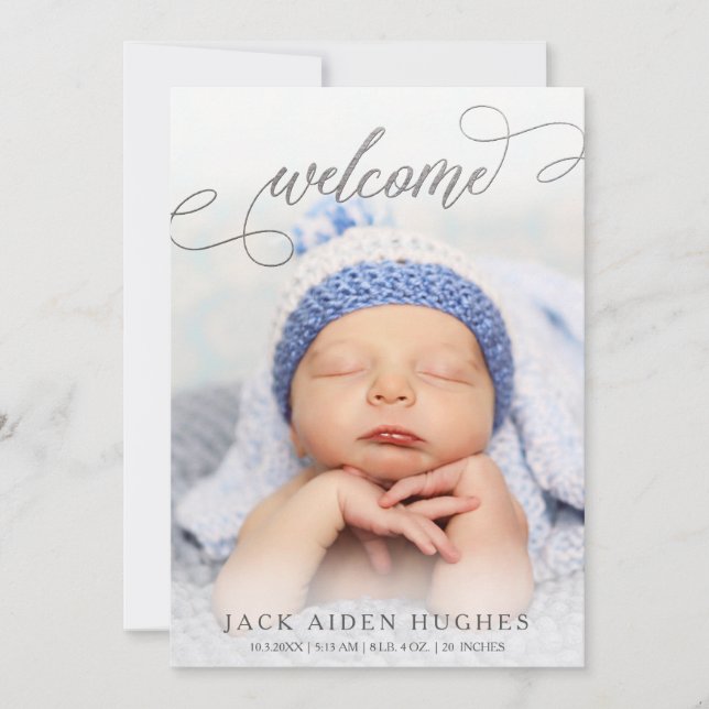 Silver Welcome Baby Birth Announcement Photo Cards (Front)