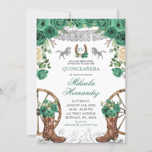 Silver Western Green Hunter Horse Quinceanera Invitation