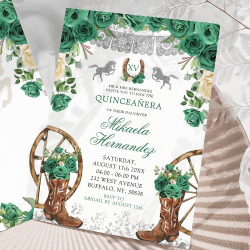 Silver Western Green Hunter Horse Quinceanera Invitation