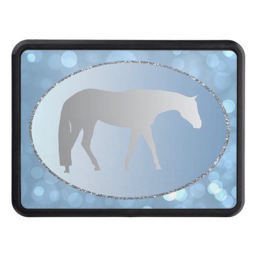 Silver Western Pleasure Horse on Blue Brokeh Hitch Cover