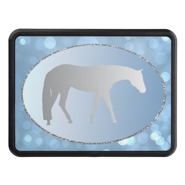 Silver Western Pleasure Horse on Blue Brokeh Hitch Cover (Front)
