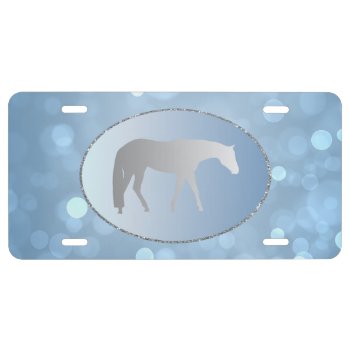 Silver Western Pleasure Horse On Blue Brokeh License Plate by PandaCatGallery at Zazzle