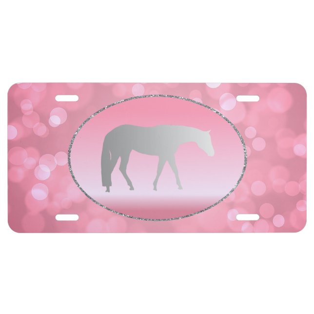 Silver Western Pleasure Horse on Pink Brokeh License Plate (Front)