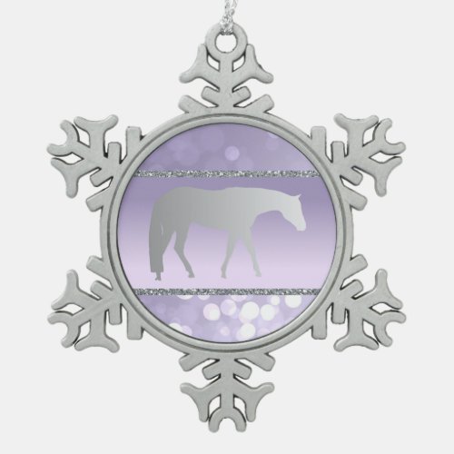 Silver Western Pleasure Horse on Purple Brokeh Snowflake Pewter Christmas Ornament