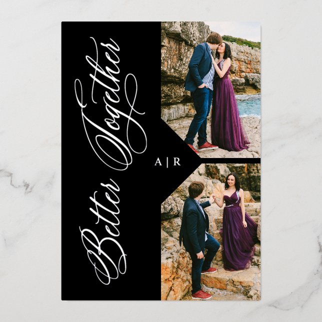 Silver Whimsical Luxury Modern 2 Photos Collage Foil Invitation (Front)