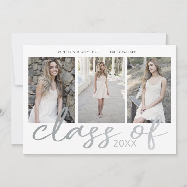 Silver Whimsical Script Photo Graduation Card (Front)