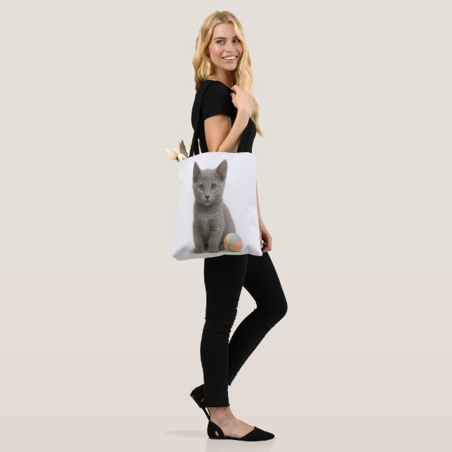 Silver Whiskers – Russian Blue Kitten Tote Bag (On Model)
