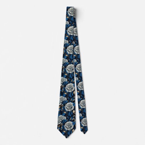 Silver Whisper Blue_Tinted Roses on Golden Stems  Neck Tie