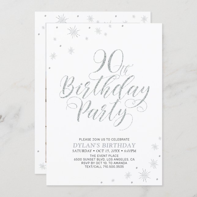 Silver & White | 90th Photo Birthday Party Invitation (Front/Back)