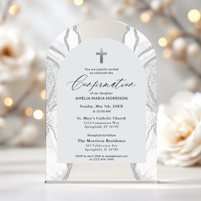Silver White Agate Confirmation Modern Elegant Acrylic Invitations (Creator Uploaded)
