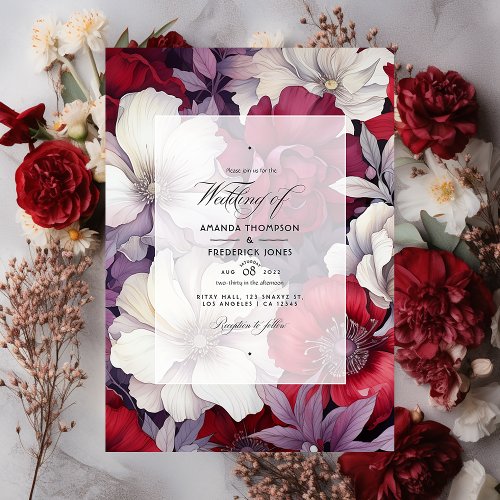 Silver White and Deep Red Floral Wedding Invitation