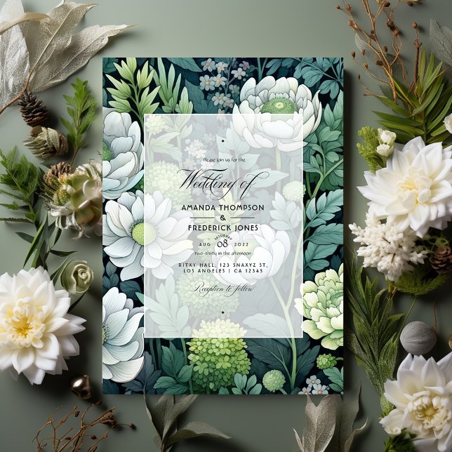 Silver, White, and Forest Green Floral Wedding Invitation (Creator Uploaded)