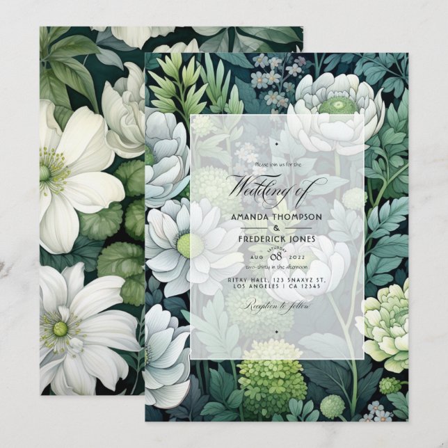 Silver, White, and Forest Green Floral Wedding Invitation (Front/Back)