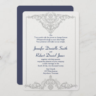 Silver White and Navy Damask Wedding Invitation