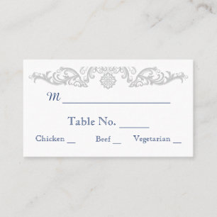 Silver White and Navy Damask Wedding Place Cards